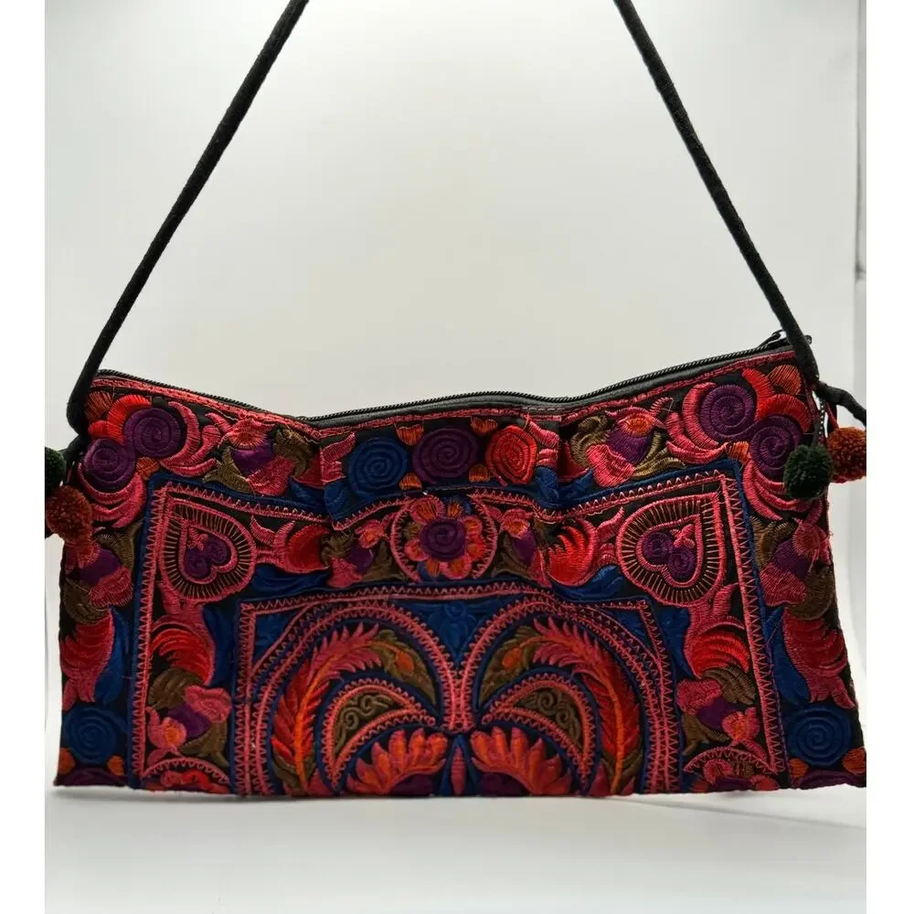 Lumily Embroidered Shoulder Bag Boho Floral Zip‎ Purse Pom Tassels